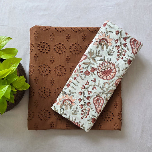 Pure Cotton Hakoba Brown And Jaipuri White With Flower
