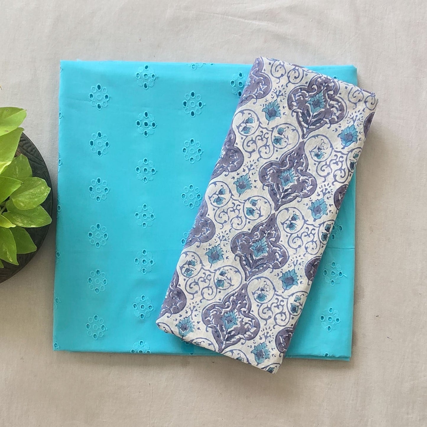 Pure Cotton Hakoba Turquoise With Jaipuri Intricate
