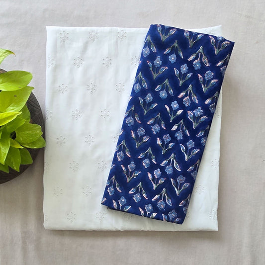 Pure Cotton Hakoba White With Jaipuri Navy Blue Top