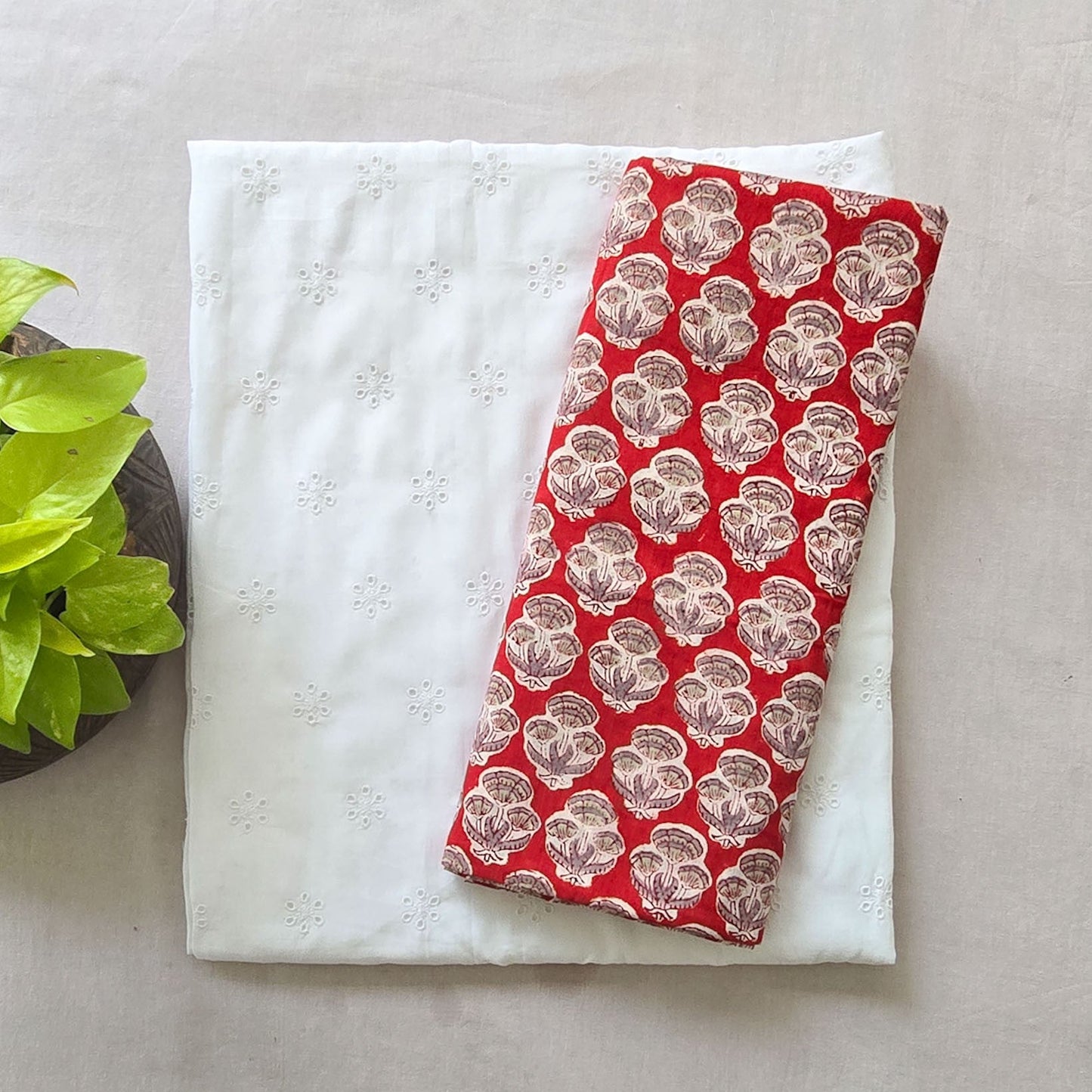 Pure Cotton Hakoba White And Jaipuri Red With Flower