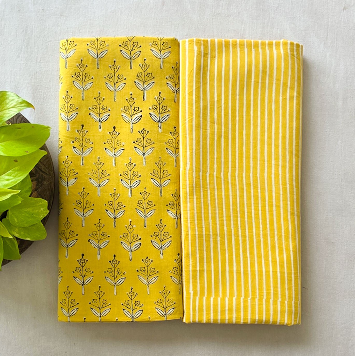 Pure Cotton Akola Dabu Yellow With Stripes Top Bottom