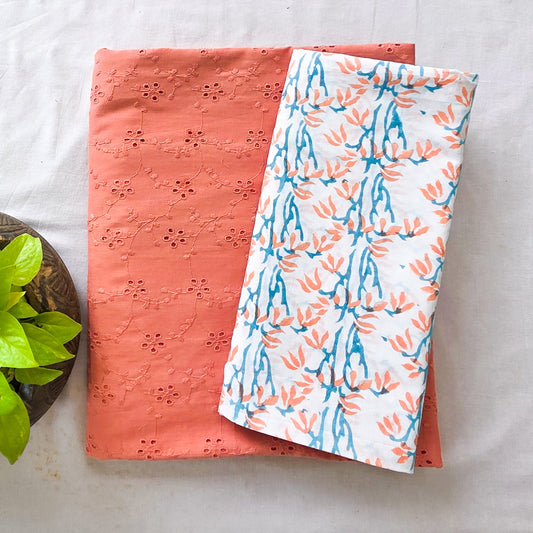 Pure Cotton Hakoba Peach With Jaipuri White Top Bottom