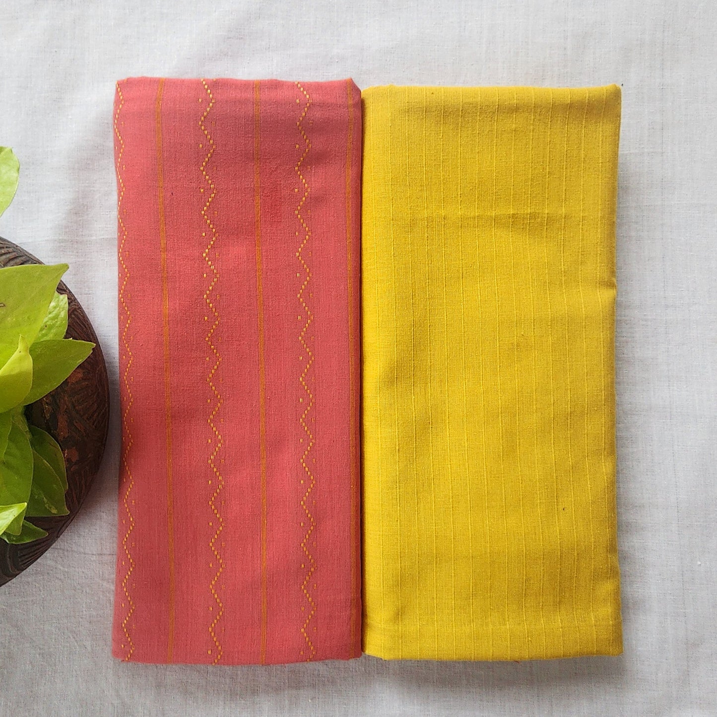 Pure Cotton Handloom Peach With mustard Stripes Design