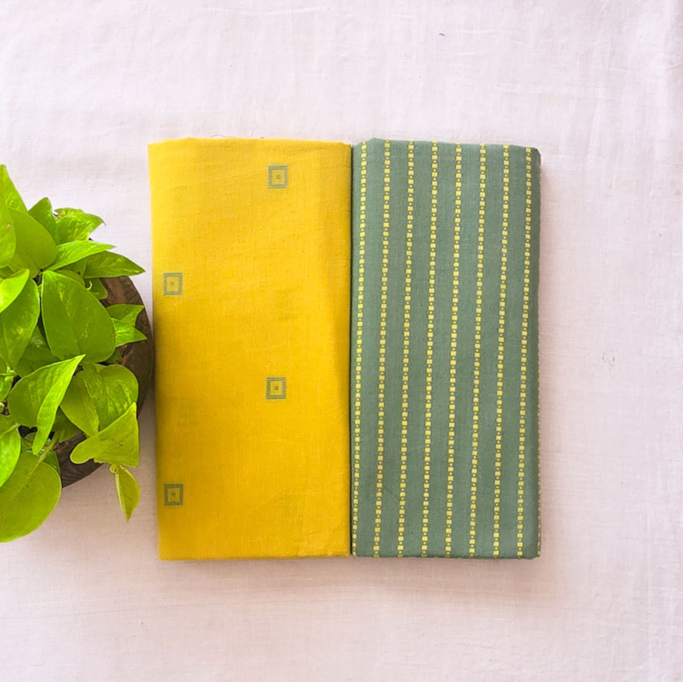 Pure Cotton Handloom Yellow With Green Top Bottom Combo