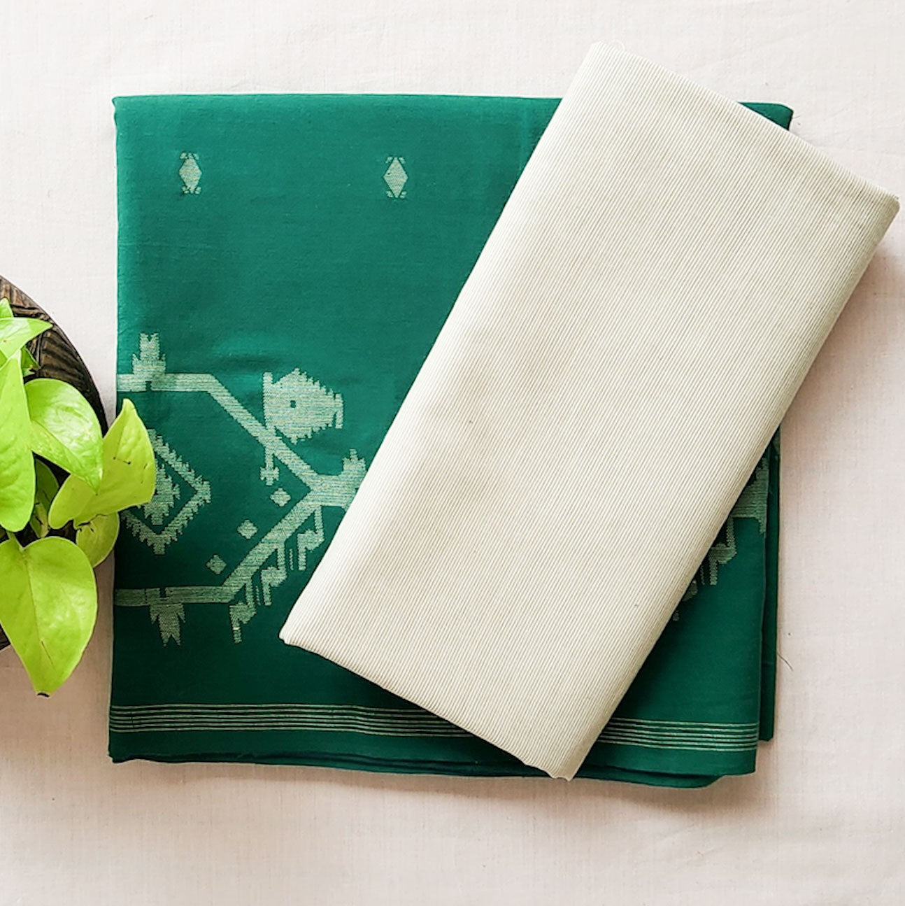 Pure Cotton Handloom Green With Beige Top And Bottom
