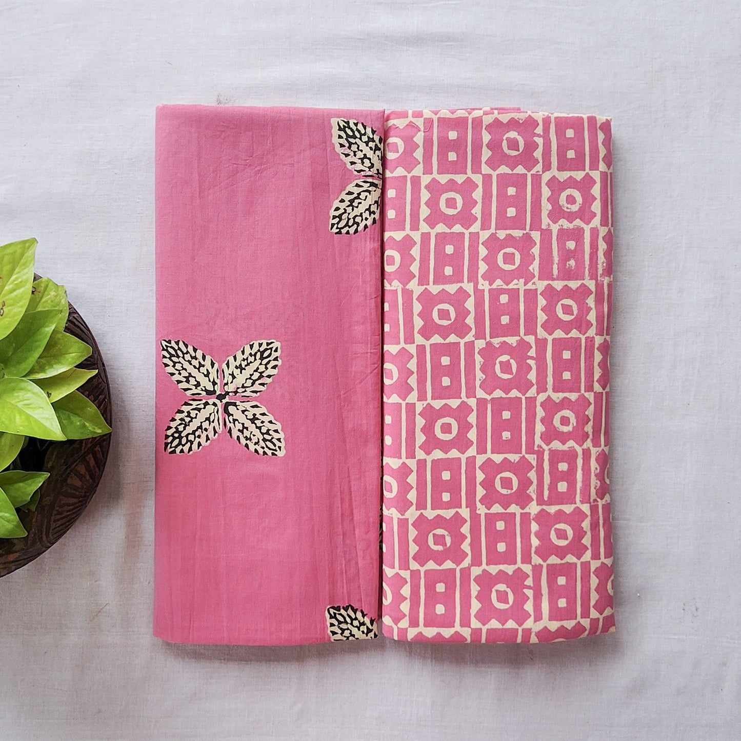 Akola Dabu Pink With Flower Leaves Top Bottom Combo