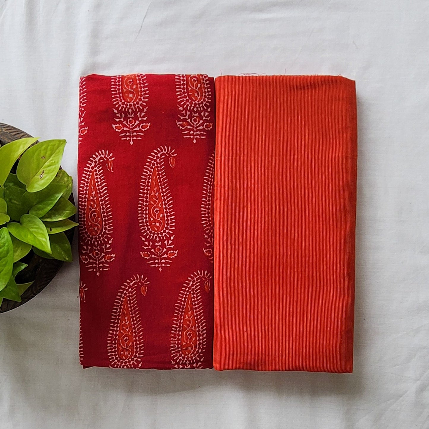 Pure Cotton Gamthi Red With Orange Handloom Top Bottom