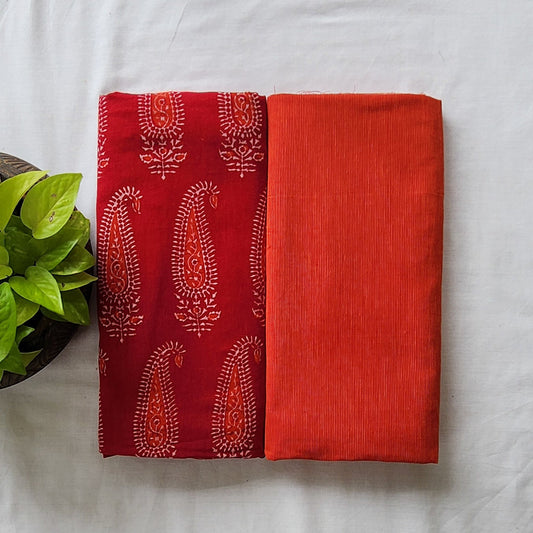 Pure Cotton Gamthi Red With Orange Handloom Top Bottom