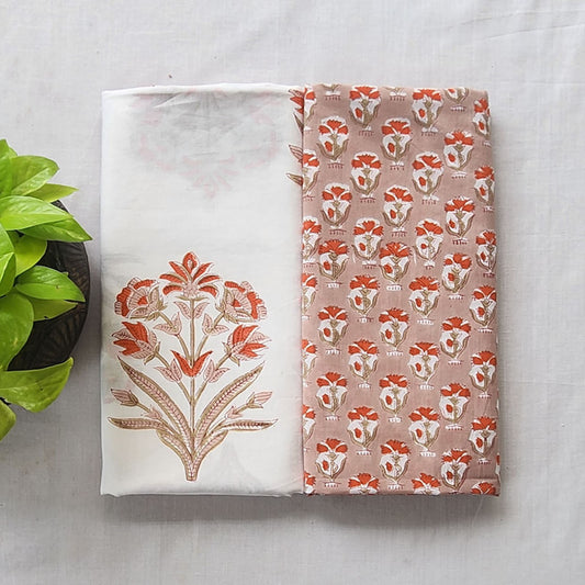 Pure Cotton Jaipuri White With Orange Big Flower Motif