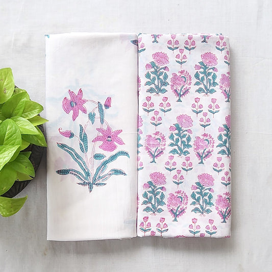 Pure Cotton Jaipuri White With Pink Big Flower And Small