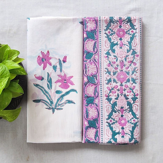 Pure Cotton Jaipuri White With Pink Big Flower Motif And