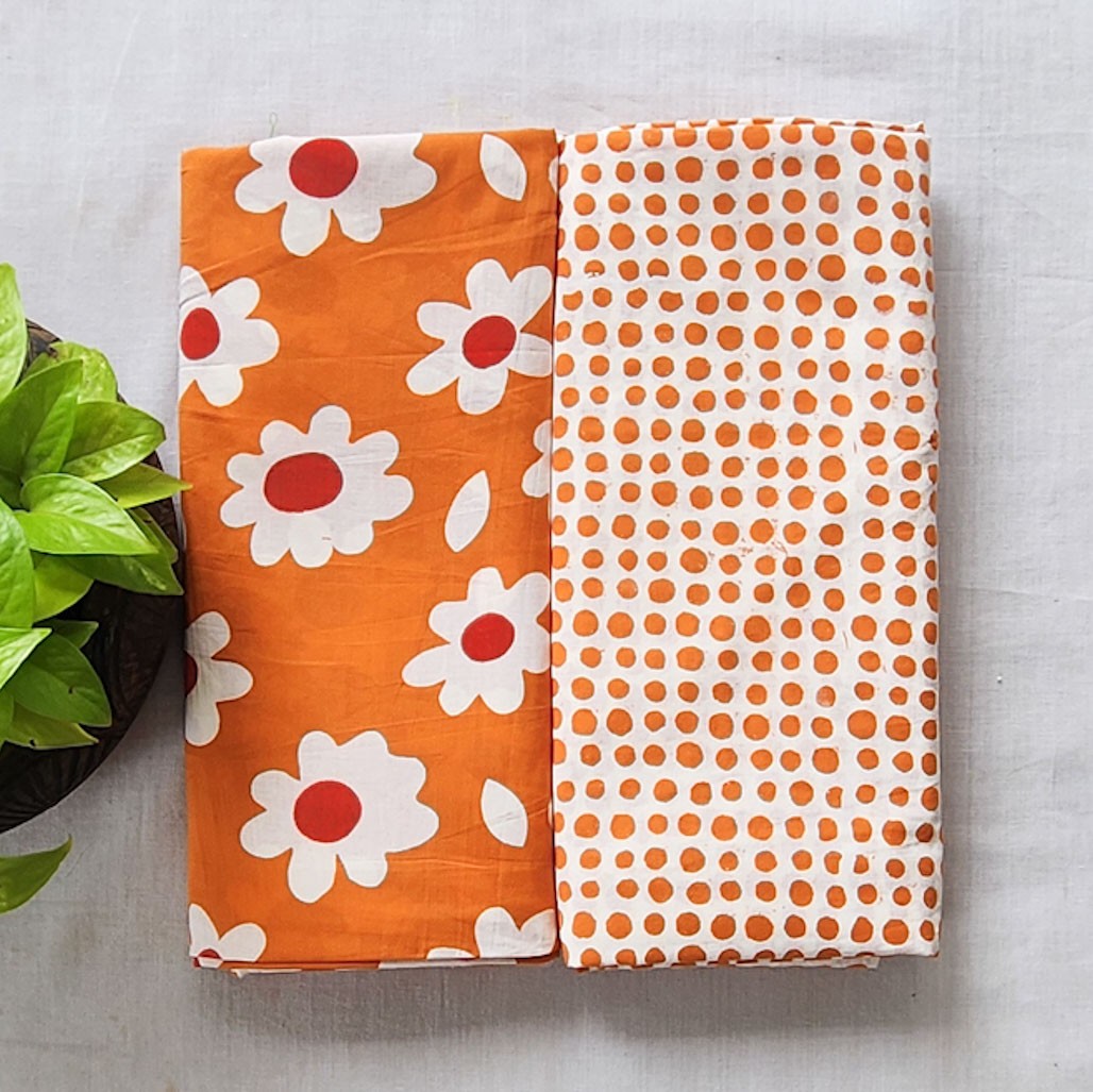 Pure Cotton Jaipuri Orange With White Petal Flower And