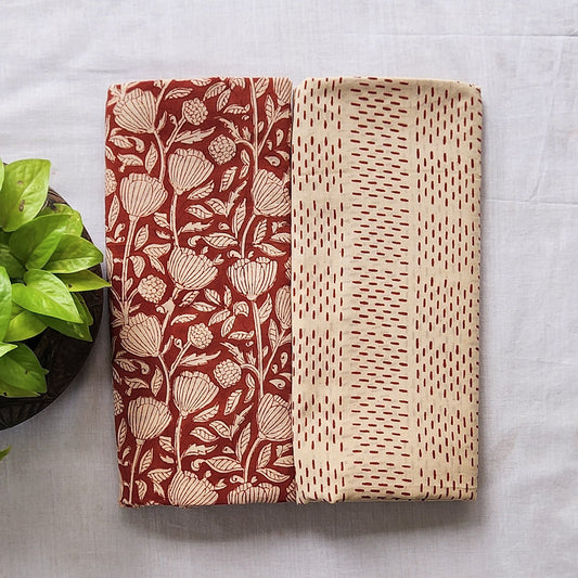 Pure Cotton Mul Bagru Rust Red Flower Jaal With Cream
