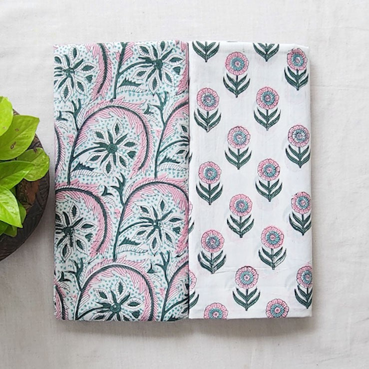 Pure Cotton Jaipuri White With Creeper Leaf Flower And