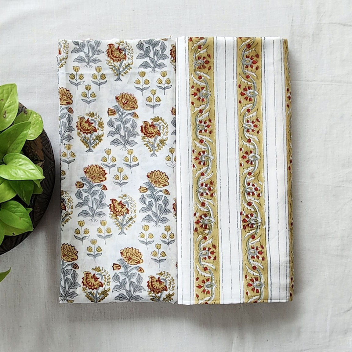 Pure Cotton Jaipuri White With Flower Motif And Srtipes