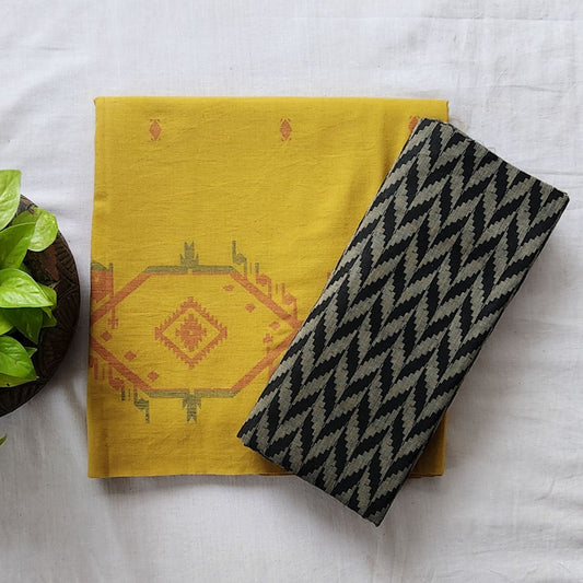 Pure Cotton Handloom Jamdani Yellow With Red Butti Border