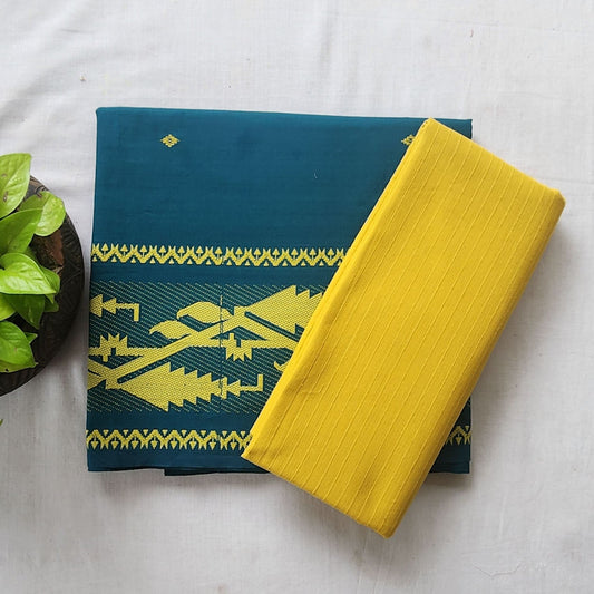 Pure Cotton Handloom Jamdani Teal Blue With Yellow Border