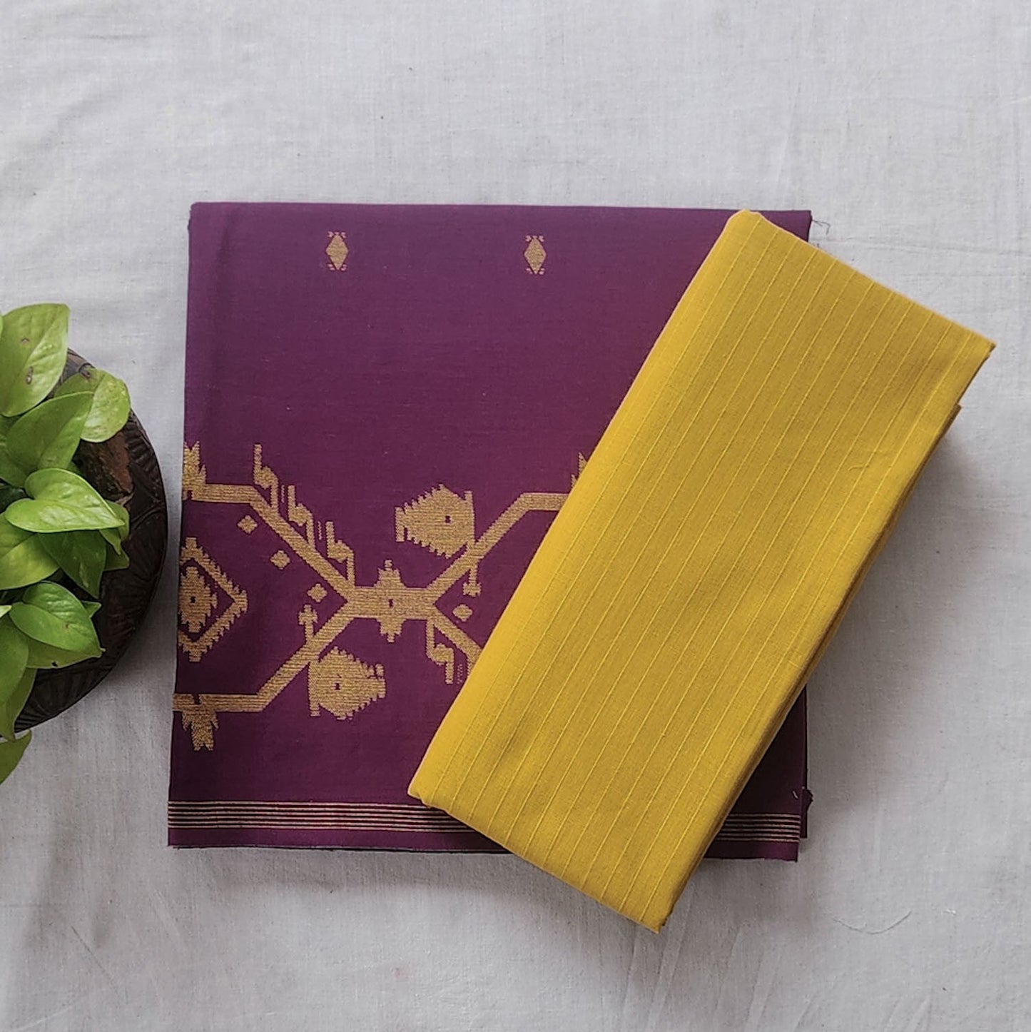 Pure Cotton Handloom Jamdani Purple With Yellow Butti