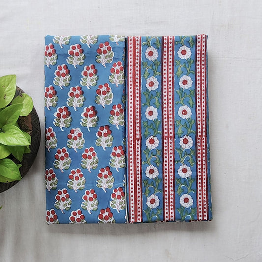Pure Cotton Jaipuri Blue With Flower Motif And Srtipes