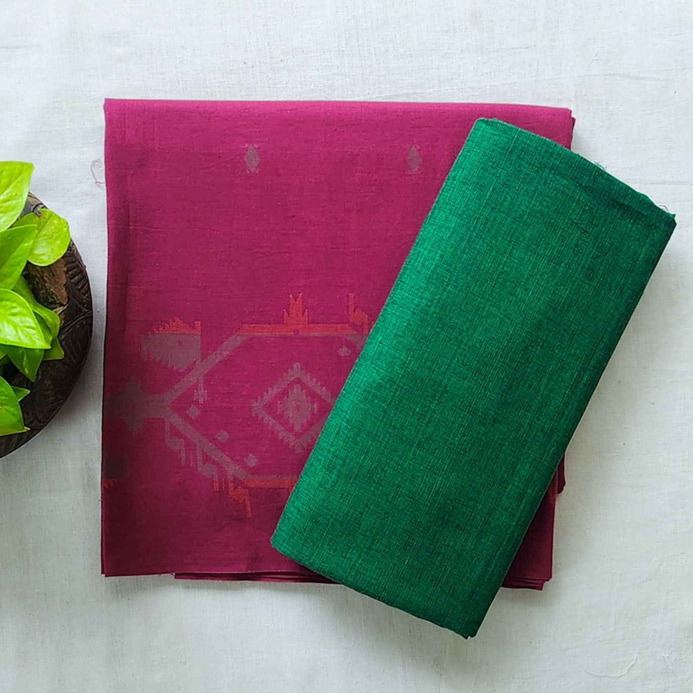 Pure Cotton Handloom Jamdani Purple With Green Butti