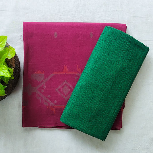Pure Cotton Handloom Jamdani Purple With Green Butti