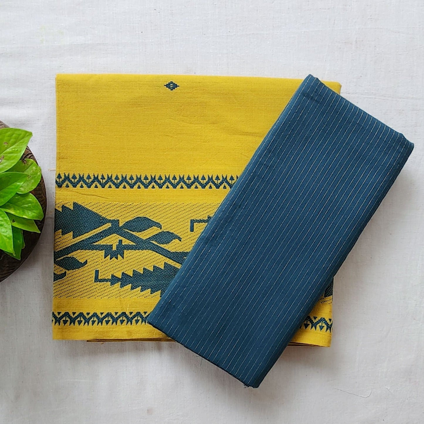 Pure Cotton Handloom Jamdani Yellow With Teal Blue Border