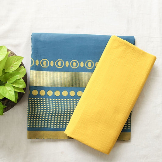 Pure Cotton Handloom Blue With Yellow Border And Stripes