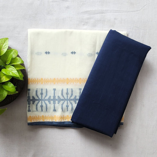 Pure Cotton Handloom Jamdani White With Blue And Yellow