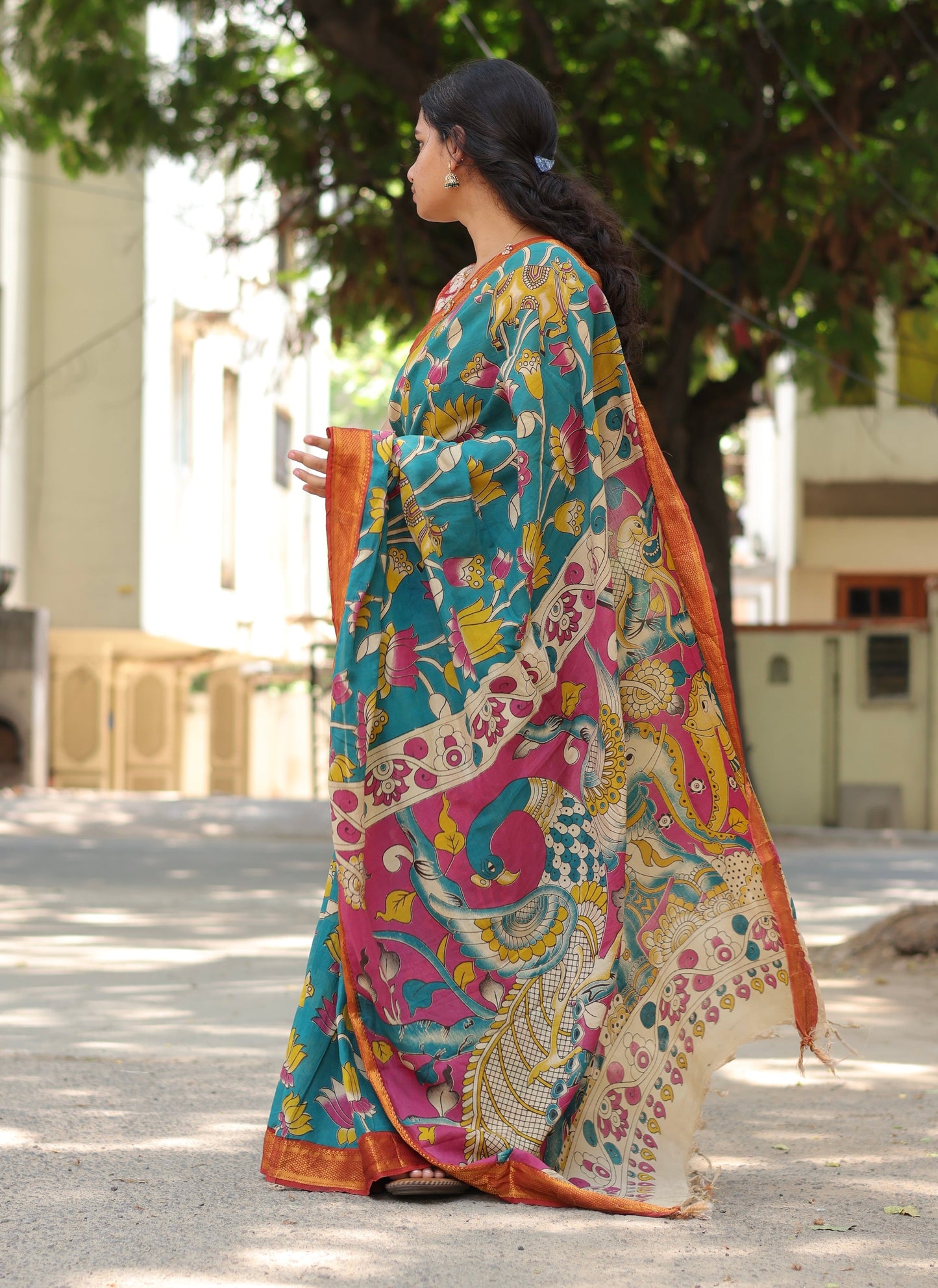 Teal Lotus Hand Block Printed Kalamkari Nizam Border Chennur Silk Saree