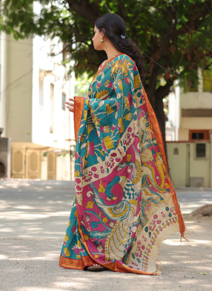 Teal Lotus Hand Block Printed Kalamkari Nizam Border Chennur Silk Saree