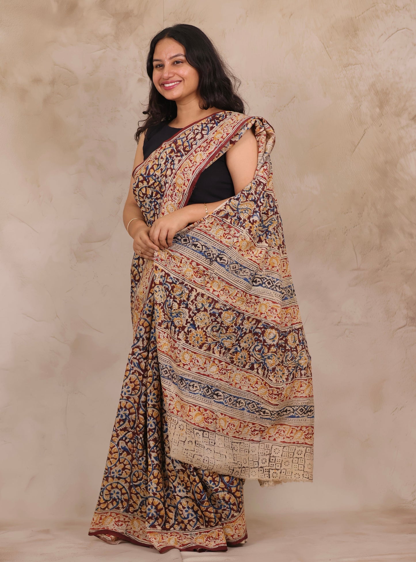 Maroon Hand Block Printed Kalamkari Chennur Silk Saree