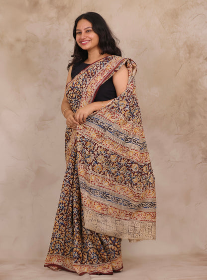 Maroon Hand Block Printed Kalamkari Chennur Silk Saree