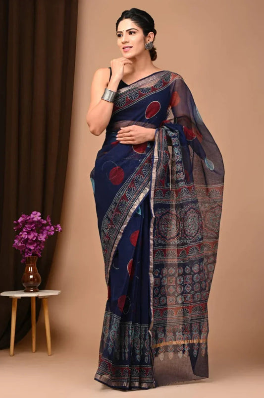 Elegant Handblock Kota Doria Saree for Festive Events