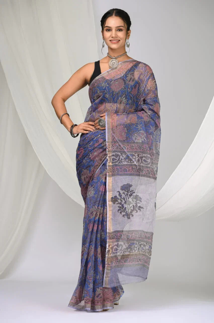 Elegant Handblock Kota Doria Saree for Festive Events