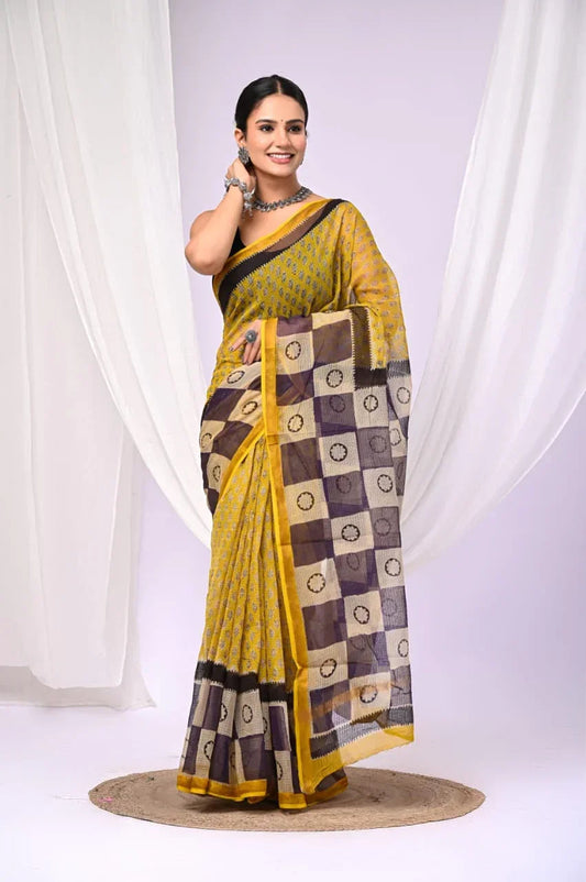 Elegant Handblock Kota Doria Saree for Festive Events