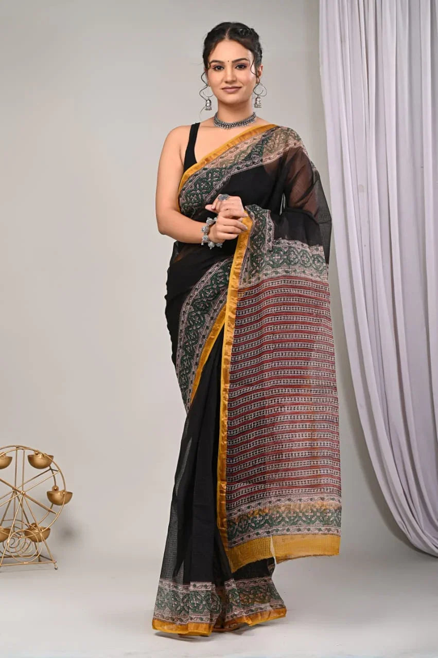 Elegant Handblock Kota Doria Saree for Festive Events