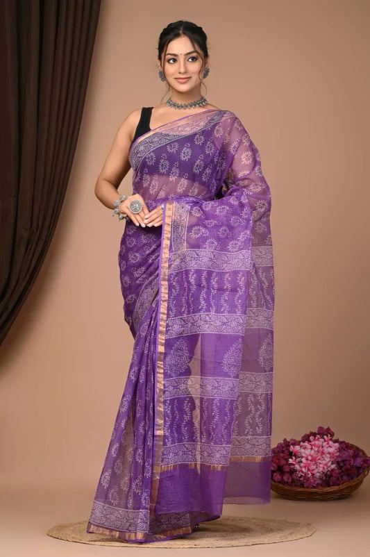 Elegant Handblock Kota Doria Saree for Festive Events