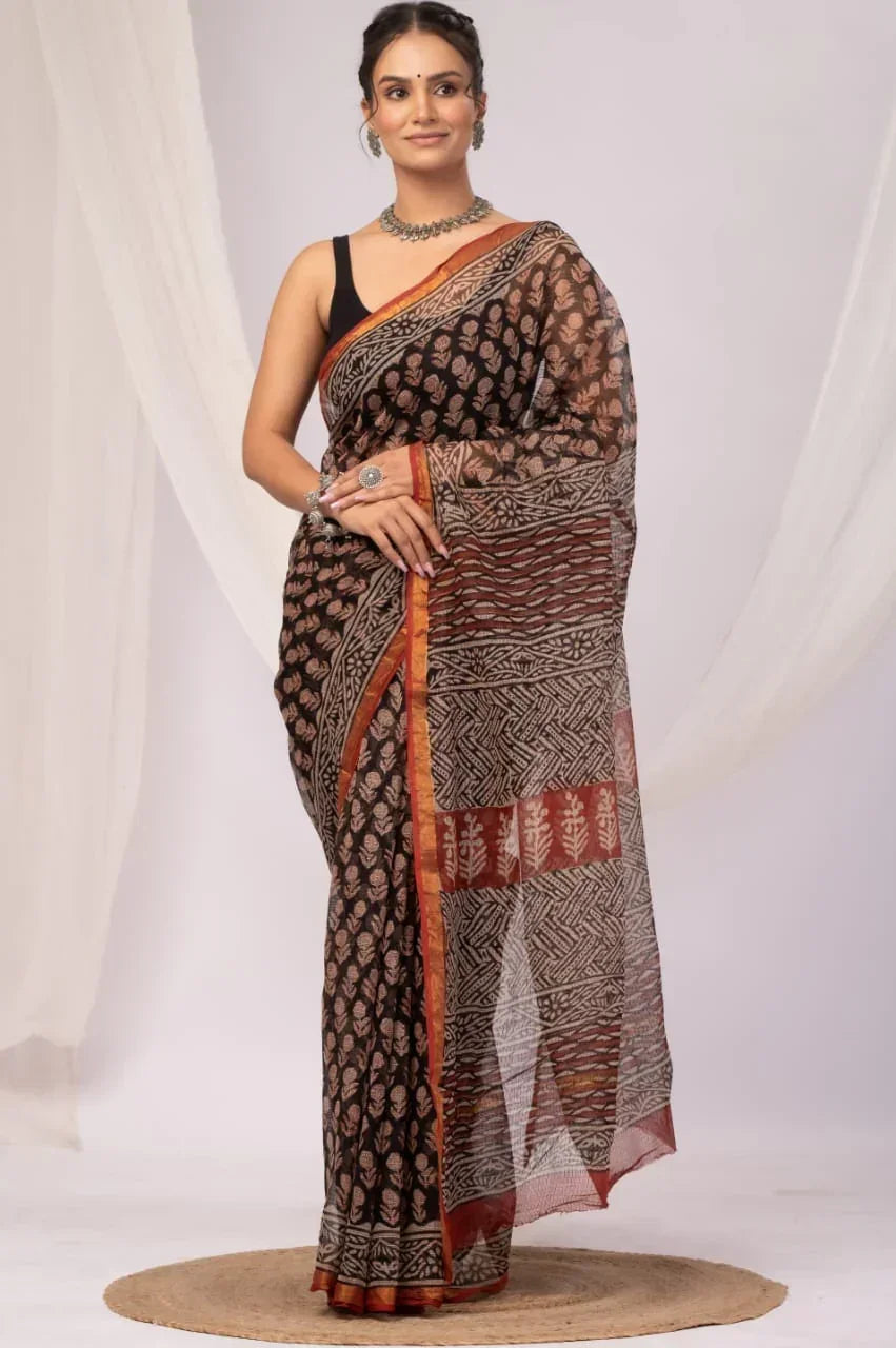 Elegant Handblock Kota Doria Saree for Festive Events