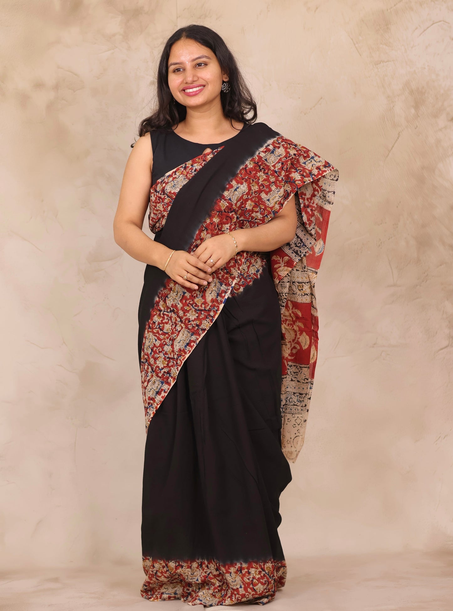 Black Hand Block Printed Kalamkari Cotton Saree
