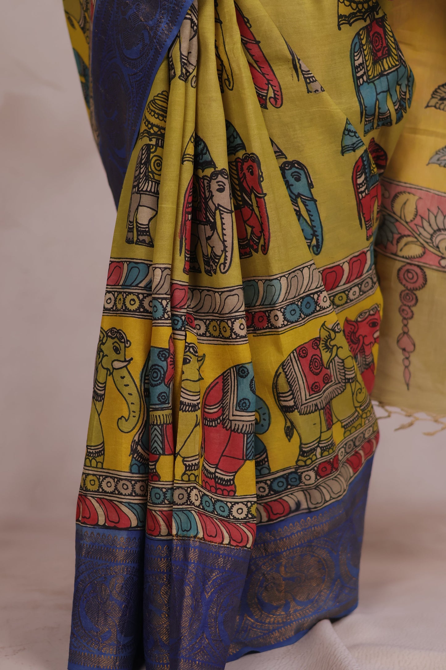 Hand Drawn Pen Kalamkari Parrot Green And Blue Bangalore Silk Kanchi Border Saree