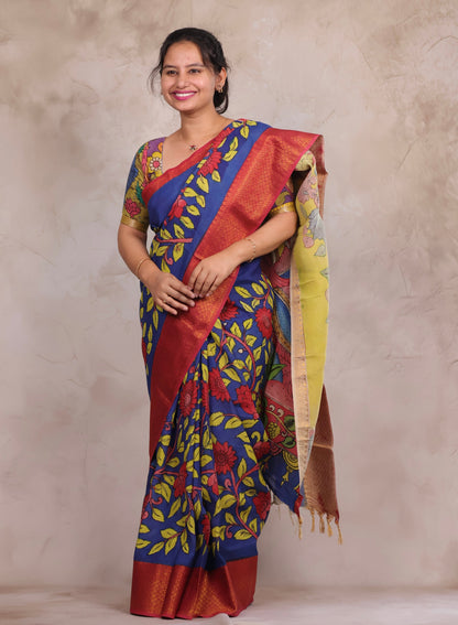 Hand Drawn Pen Kalamkari Blue And Red Bangalore Silk Kanchi Border Saree