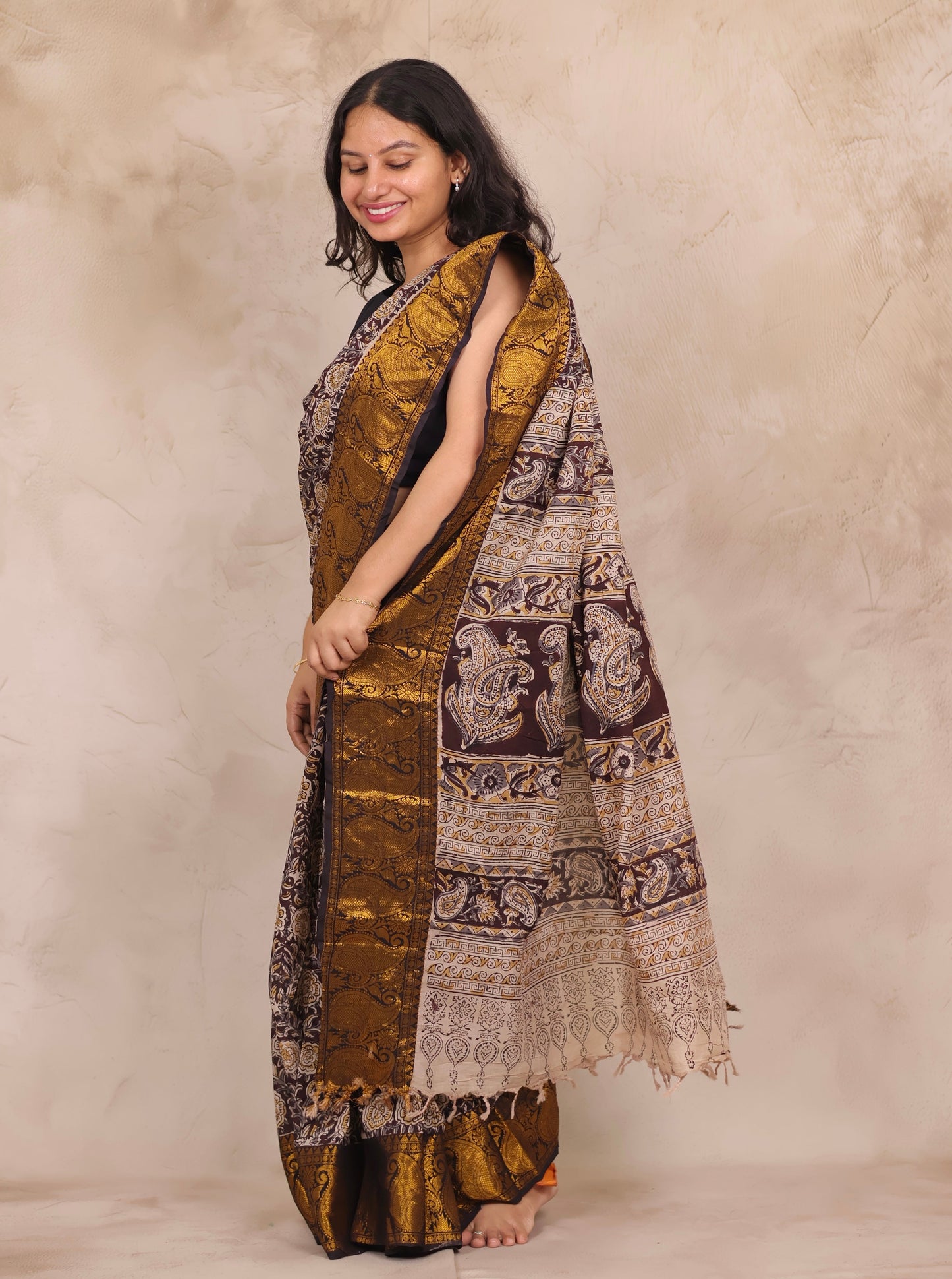 Brown Hand Block Printed Kalamkari Kanchi Border Chennur Silk Saree