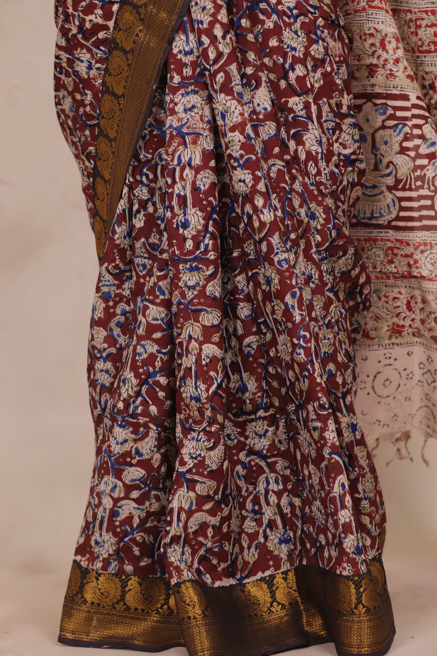 Maroon Hand Block Printed Kalamkari Kanchi Border Chennur Silk Saree