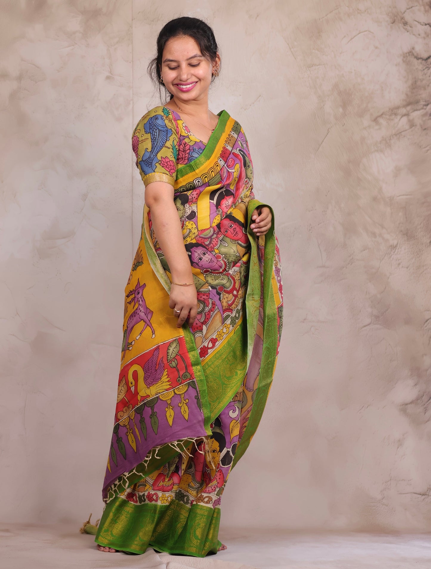Hand Drawn Pen Kalamkari Lavender And Green Bangalore Silk Kanchi Border Saree