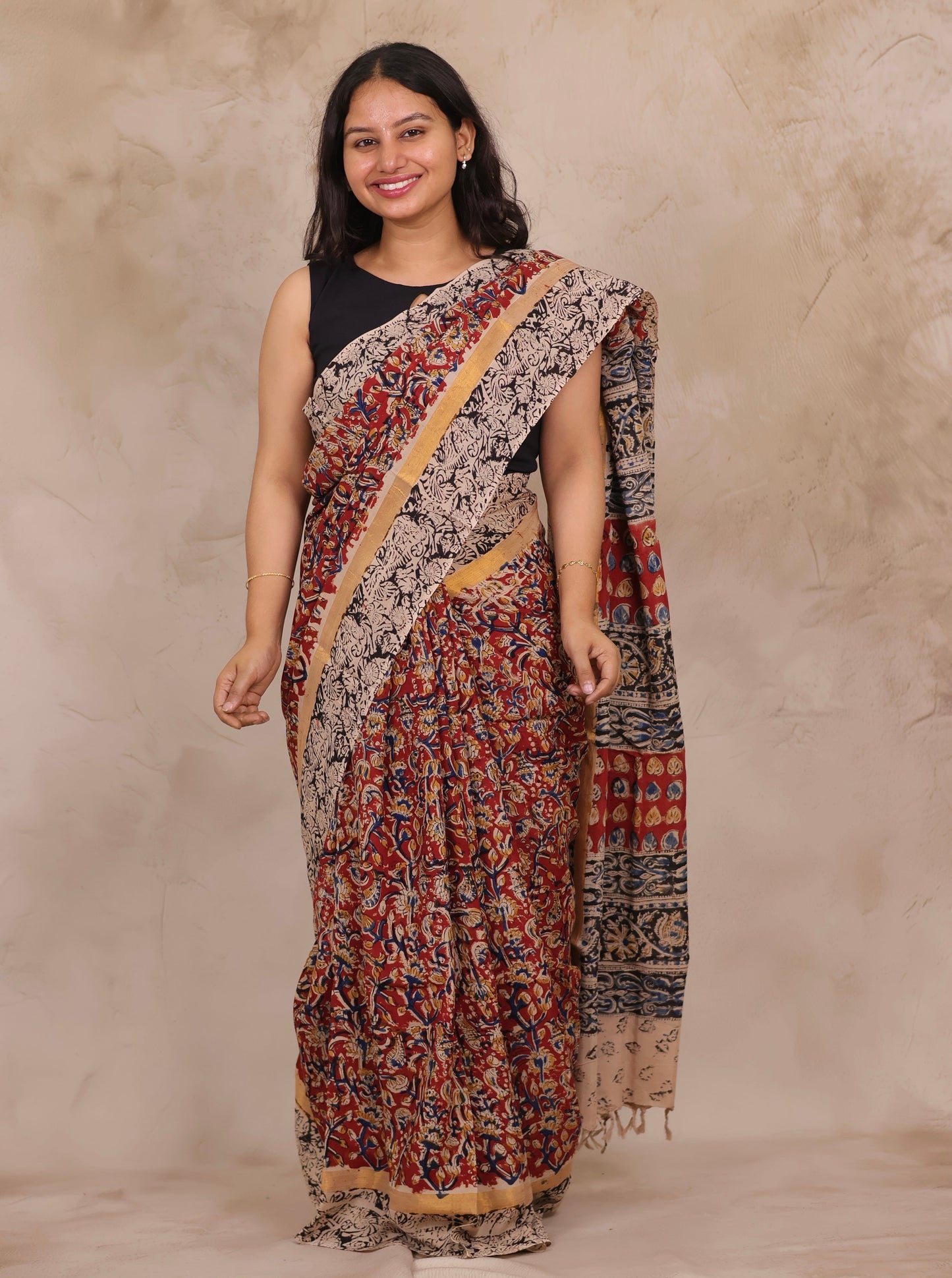 Red Hand Block Printed Kalamkari Chennur Silk Saree