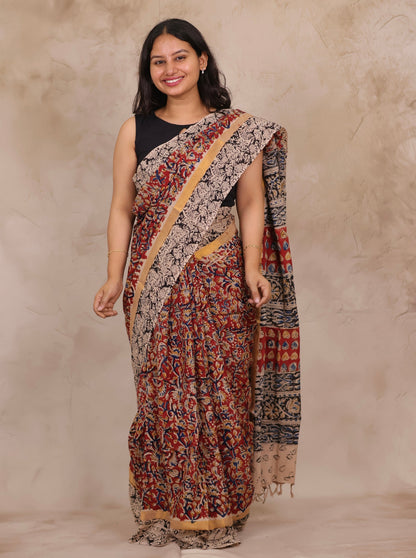 Red Hand Block Printed Kalamkari Chennur Silk Saree