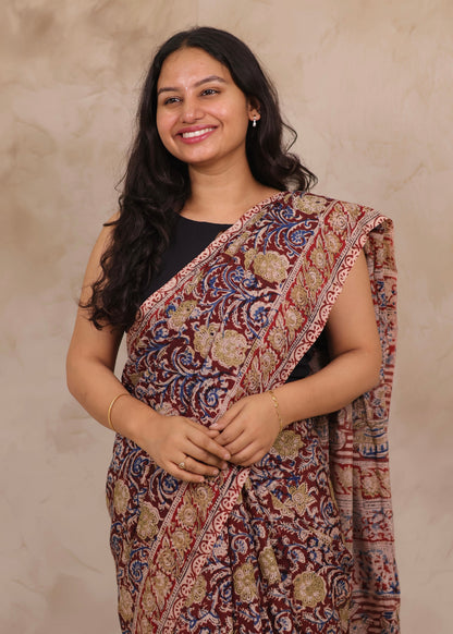 Maroon Hand Block Printed Kalamkari Chennur Silk Saree