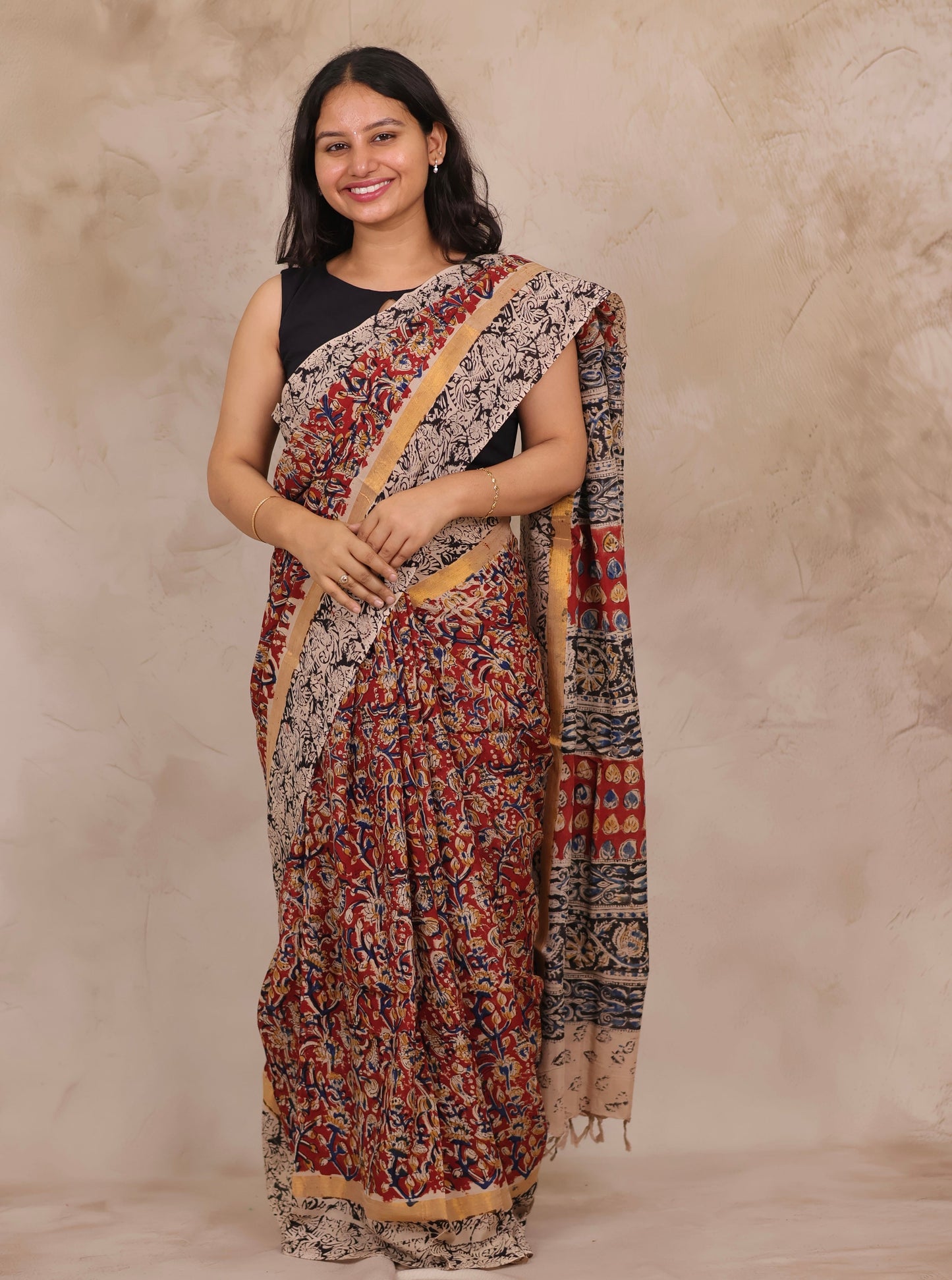 Red Hand Block Printed Kalamkari Chennur Silk Saree