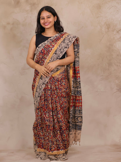 Red Hand Block Printed Kalamkari Chennur Silk Saree