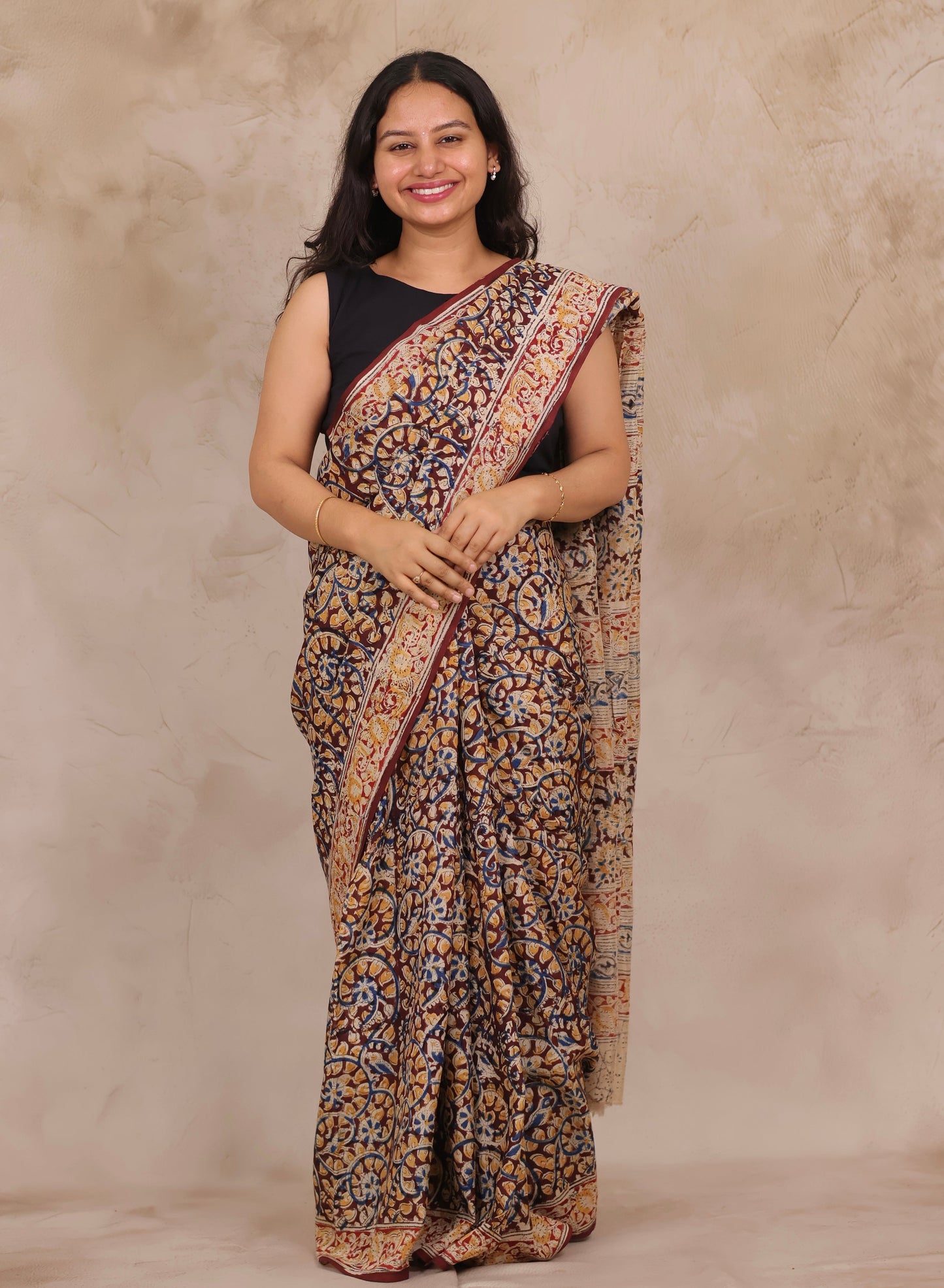 Maroon Hand Block Printed Kalamkari Chennur Silk Saree